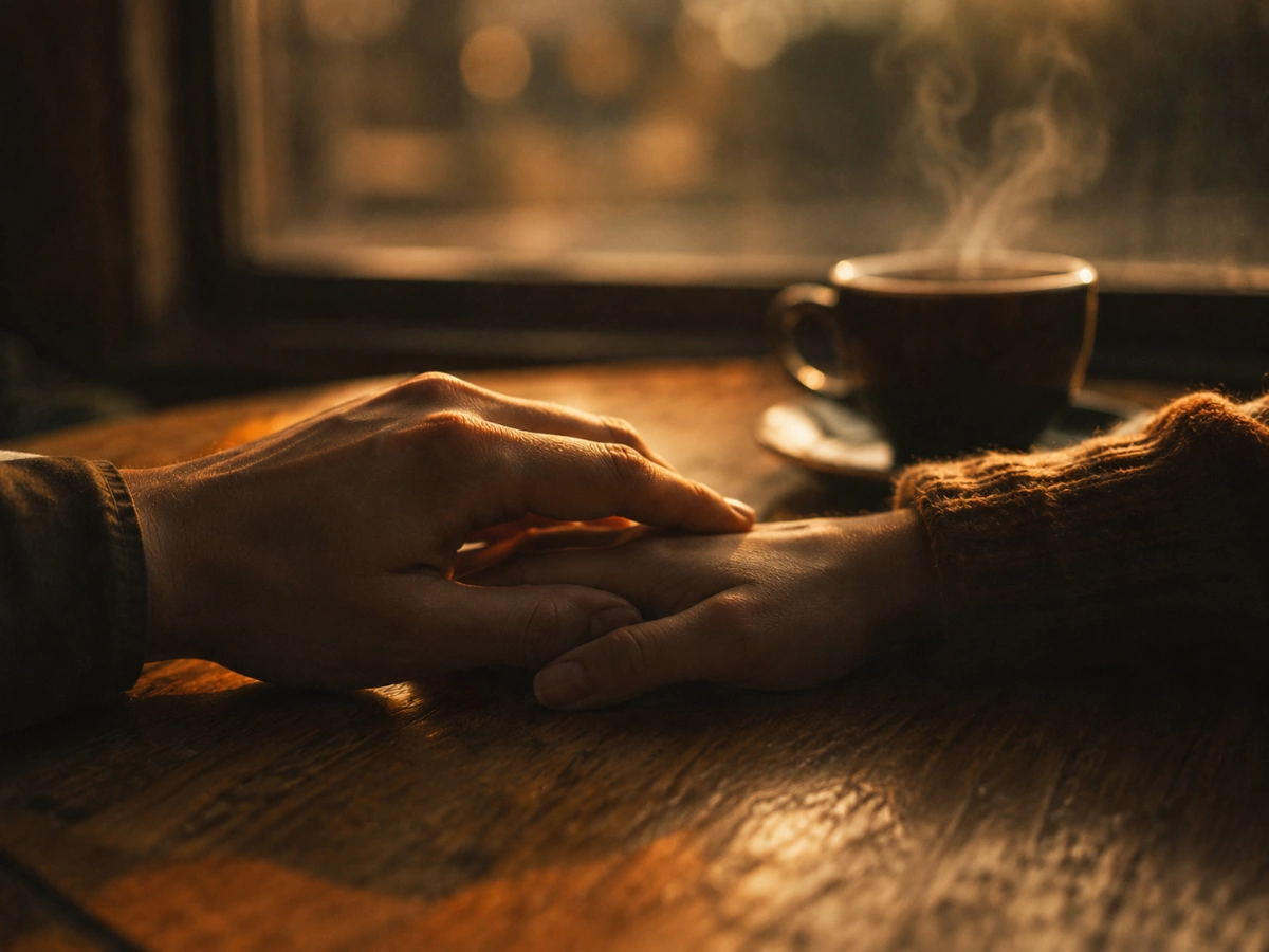 Duas mãos se tocando levemente sobre uma mesa de madeira em um café, com luz quente de janela.