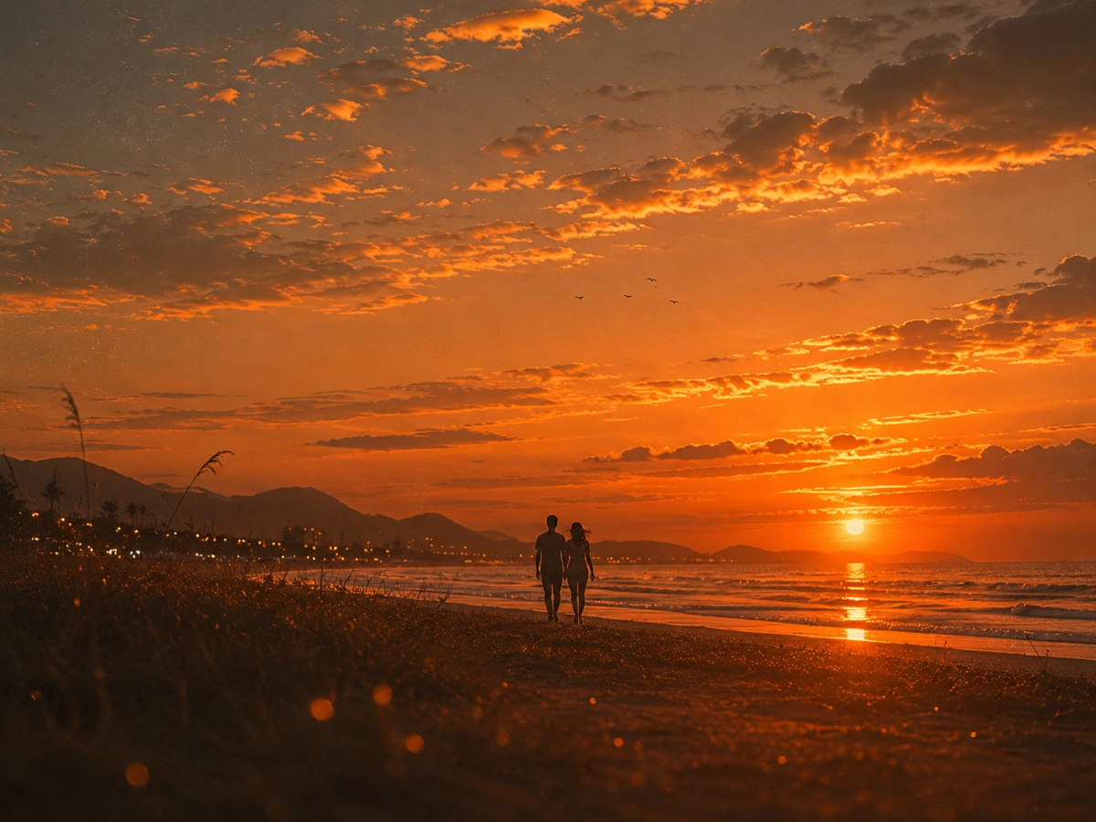 Silhueta de um casal caminhando de mãos dadas em uma praia ao pôr do sol.
